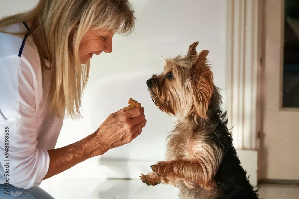 Portrait of mature LGBTQ women giving a treat to her dog. Portrait of mature LGBTQ women giving a treat to her yorkshire terrier dog. Cute healthy and tanned blonde woman in her fifties living the goo Portrait of mature LGBTQ women giving a treat to her dog. Portrait of mature LGBTQ women giving a treat to her yorkshire terrier dog. Cute healthy and tanned blonde woman in her fifties living the goo