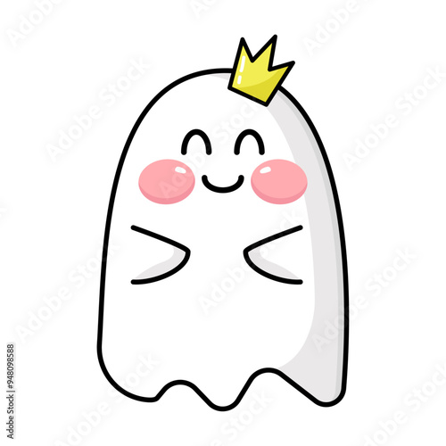 Halloween kawaii ghost character smiling face with crown. Cute sticker label vector illustration. Isolated flat vector adorable charming baby spook