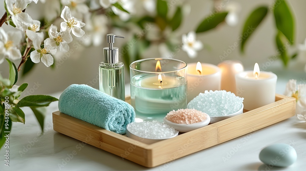 Create a serene spa experience with aromatherapy essentials: candles, essential oil, bath salt, and a soft towel arranged on a bamboo tray. Enhance the atmosphere with sea stones and blooming spring. Create a serene spa experience with aromatherapy essentials: candles, essential oil, bath salt, and a soft towel arranged on a bamboo tray. Enhance the atmosphere with sea stones and blooming spring.