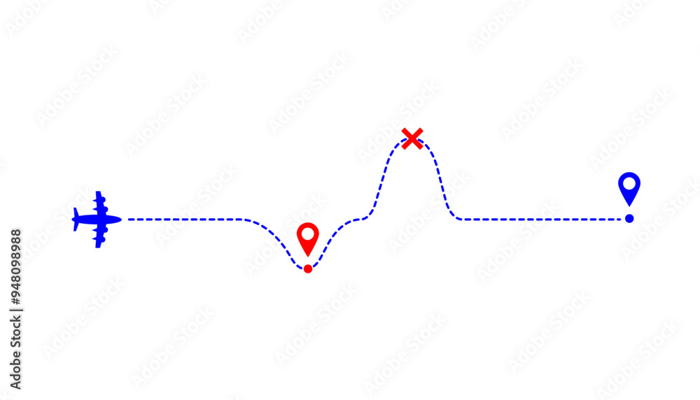 Vector airplane flight path. Dotted Line of fly route. Travel map from point to point