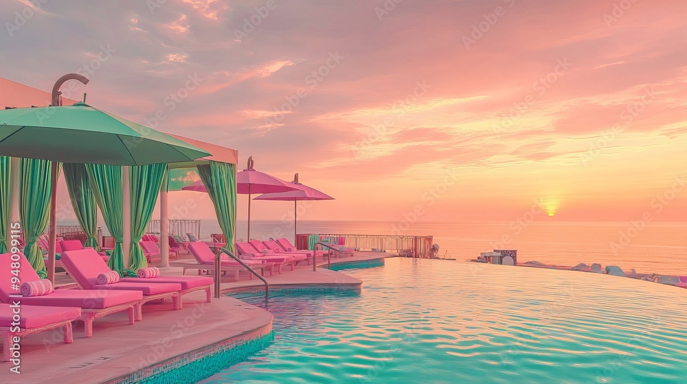Capture the elegance of a sunset at a luxury beach club: pastel-colored beach chairs and solid-colored pillows, vibrant pink beach umbrellas, bright luxury towels, and pastel green drapes. Capture the elegance of a sunset at a luxury beach club: pastel-colored beach chairs and solid-colored pillows, vibrant pink beach umbrellas, bright luxury towels, and pastel green drapes.