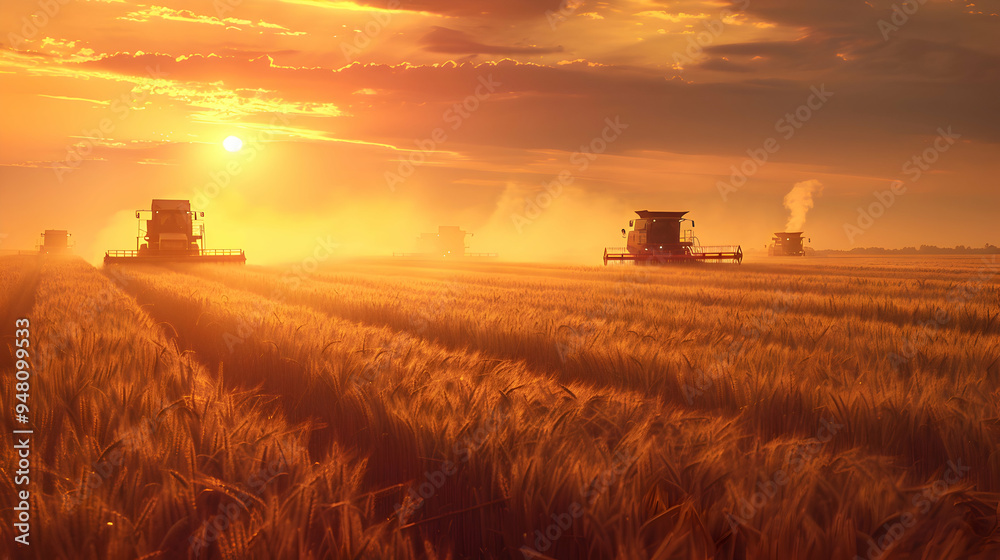 Fototapeta premium Group of harvesters harvesting ripe wheat field in autumn with sunset. Concept of agriculture, agronomy and crop collection.