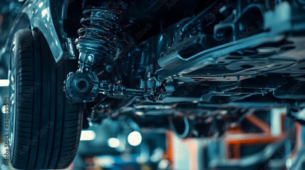 Obraz premium Close up View of Automotive Suspension Components and Machinery in a Repair Workshop