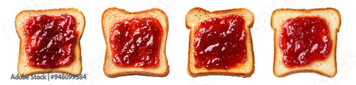 Slice of bread with strawberry jam top view isolated photo