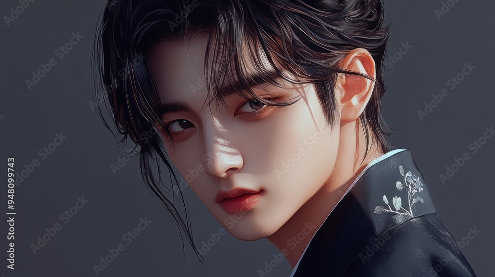 Fototapeta premium A young Asian man in a black hanbok, gazing thoughtfully with tousled hair and a piercing look, exuding elegance and charm.