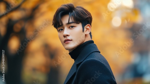 A young East Asian man with stylish hair, wearing a black coat, stands amidst vibrant autumn leaves, exuding confidence and charm. photo