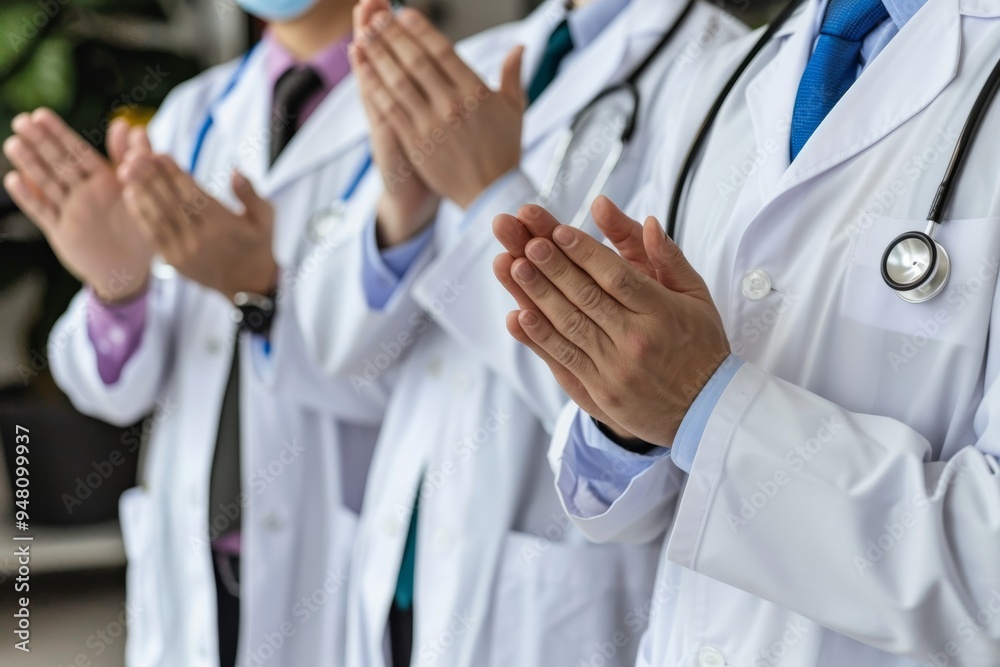 Group Of Doctors In White Coats Clapping Hands, Celebrating Healthcare Achievement At Hospital Group Of Doctors In White Coats Clapping Hands, Celebrating Healthcare Achievement At Hospital