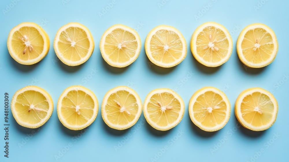 Freshly cut lemon slices arranged in a neat row on a blue background, showcasing vibrant yellow hues and juicy textures. Freshly cut lemon slices arranged in a neat row on a blue background, showcasing vibrant yellow hues and juicy textures.