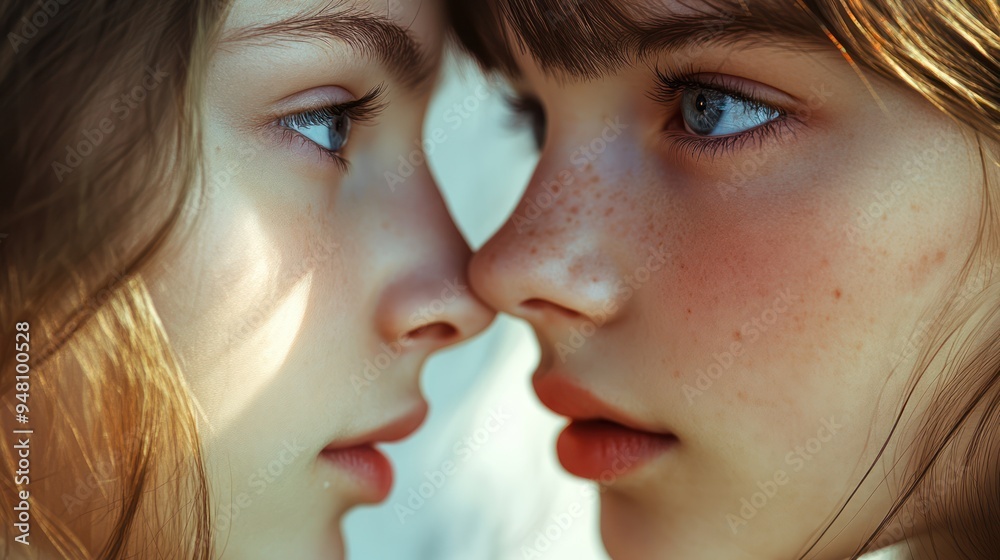 Two teenage girls, one with light blue eyes and the other with hazel, share an intimate moment, showcasing their unique beauty and freckles. Two teenage girls, one with light blue eyes and the other with hazel, share an intimate moment, showcasing their unique beauty and freckles.