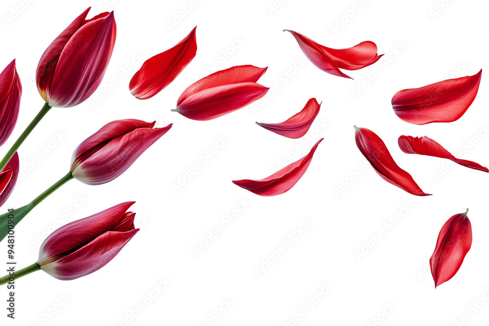 Red Tulips in Motion: A captivating dance of vibrant red tulips, with petals gracefully swirling through the air, against a pristine white background, perfect for spring and floral designs. Red Tulips in Motion: A captivating dance of vibrant red tulips, with petals gracefully swirling through the air, against a pristine white background, perfect for spring and floral designs.