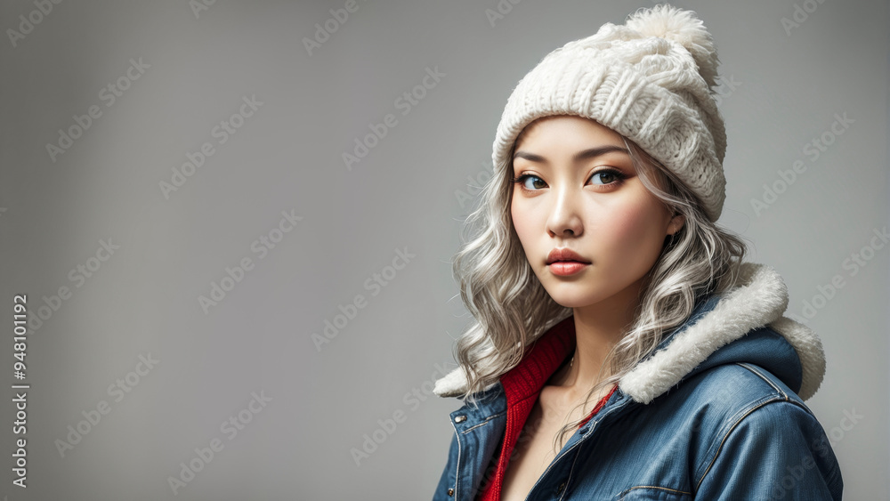 young girl of asian appearance in a warm jacket and knitted white hat on a uniform background with space for an inscription young girl of asian appearance in a warm jacket and knitted white hat on a uniform background with space for an inscription