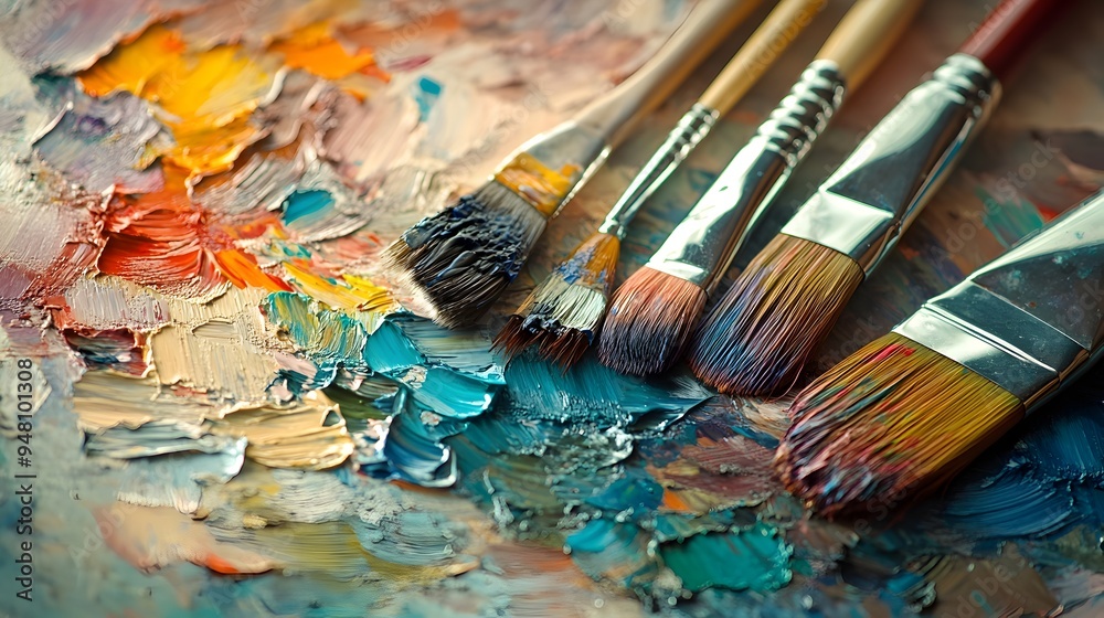 Fototapeta premium Vibrant Palette with Brushes Capturing Creativity and Expression