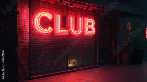Vibrant neon sign outside a stylish club entrance, glowing in shades of red against a dark backdrop.