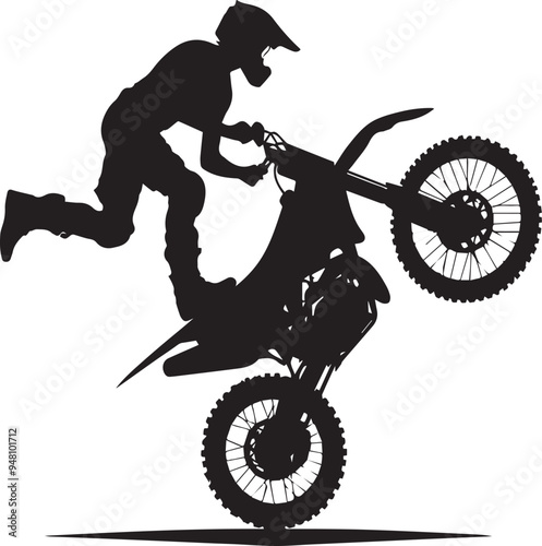 Realistic silhouette of a motocross rider, man is doing a trick, isolated on white background. Enduro motorbike sport transport. Vector illustration	