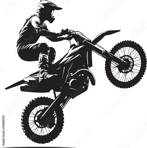 Realistic silhouette of a motocross rider, man is doing a trick, isolated on white background. Enduro motorbike sport transport. Vector illustration	