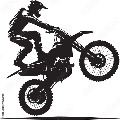 Realistic silhouette of a motocross rider, man is doing a trick, isolated on white background. Enduro motorbike sport transport. Vector illustration	