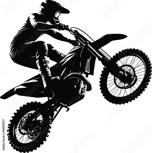 Realistic silhouette of a motocross rider, man is doing a trick, isolated on white background. Enduro motorbike sport transport. Vector illustration	