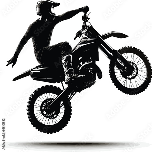 Realistic silhouette of a motocross rider, man is doing a trick, isolated on white background. Enduro motorbike sport transport. Vector illustration	
