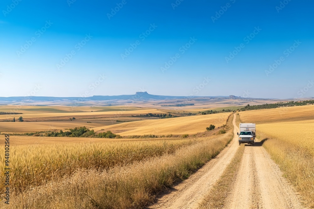 Landscape view of a white vehicle driving along a rural dirt road through golden fields on a clear sunny day in a scenic countryside Landscape view of a white vehicle driving along a rural dirt road through golden fields on a clear sunny day in a scenic countryside