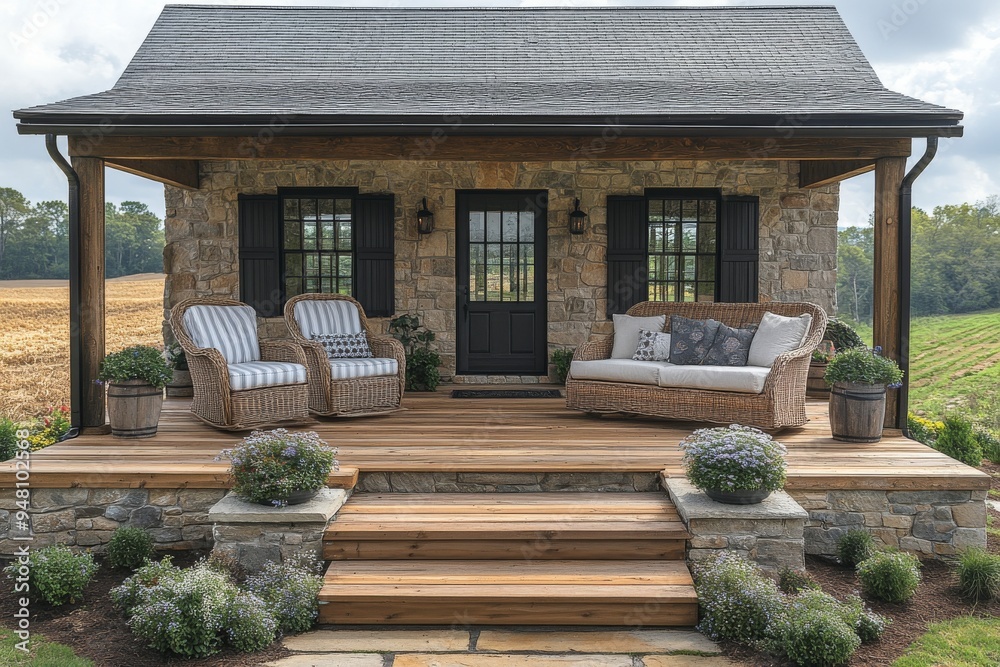 Obraz premium A cozy farmhouse porch with rustic outdoor seating. Generative AI