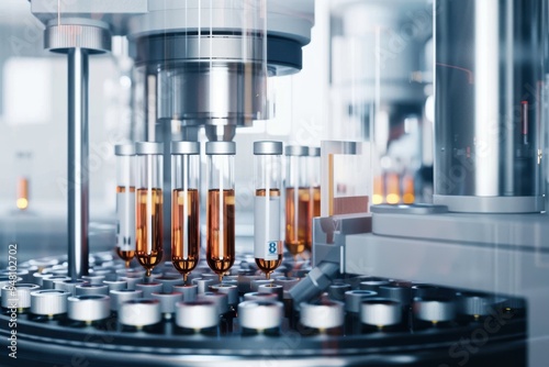 Bottling vaccine vials in a pharmaceutical factory A pharmaceutical manufacturing and bottling factory in a bright laboratory environment. Computer generated image of vaccine vials with liquids inside