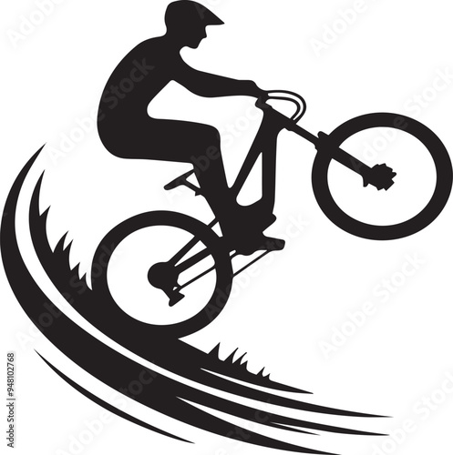 Abstract silhouette of a rider, man is doing a trick, isolated on a white background. Mountain cycling sport transport. Vector illustration	
