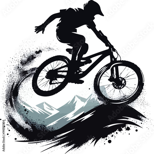 Abstract silhouette of a rider, man is doing a trick, isolated on a white background. Mountain cycling sport transport. Vector illustration	
