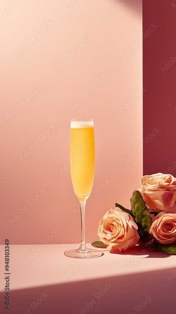 A stylish champagne glass filled with orange mimosa, adorned with soft pink roses against a pastel backdrop. A stylish champagne glass filled with orange mimosa, adorned with soft pink roses against a pastel backdrop.