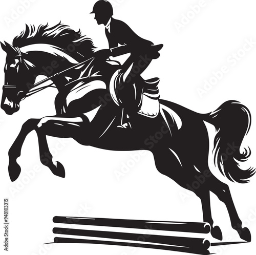 Equestrian horse and rider jumping silhouette. Vector illustration	