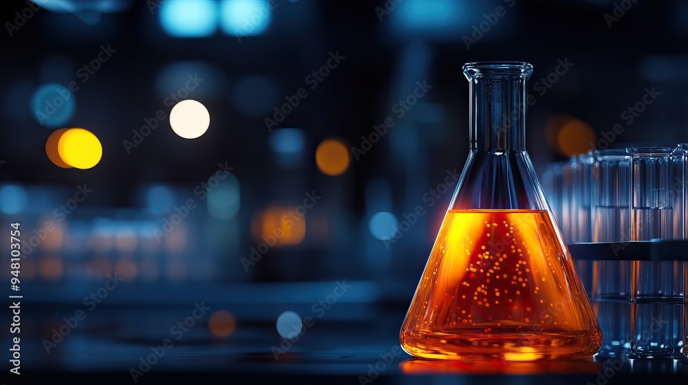 A vibrant laboratory scene featuring a glowing orange liquid in a flask, ideal for science, chemistry, and experimentation themes. A vibrant laboratory scene featuring a glowing orange liquid in a flask, ideal for science, chemistry, and experimentation themes.