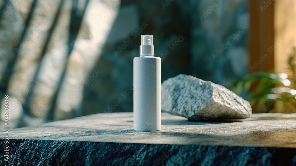 A shampoo bottle with a focus on eco-friendly packaging, placed on a stone countertop A shampoo bottle with a focus on eco-friendly packaging, placed on a stone countertop