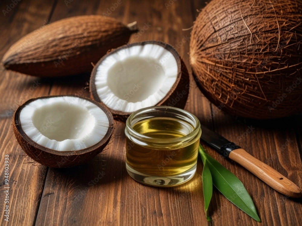 A clear glass jar filled with white coconut oil sits beside halved and whole coconuts on a rustic wooden surface. AI generated. A clear glass jar filled with white coconut oil sits beside halved and whole coconuts on a rustic wooden surface. AI generated.