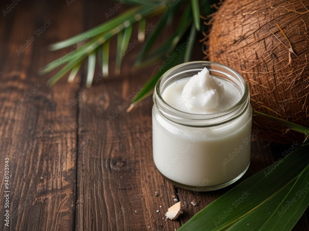 A clear glass jar filled with white coconut oil sits beside halved and whole coconuts on a rustic wooden surface. AI generated. A clear glass jar filled with white coconut oil sits beside halved and whole coconuts on a rustic wooden surface. AI generated.