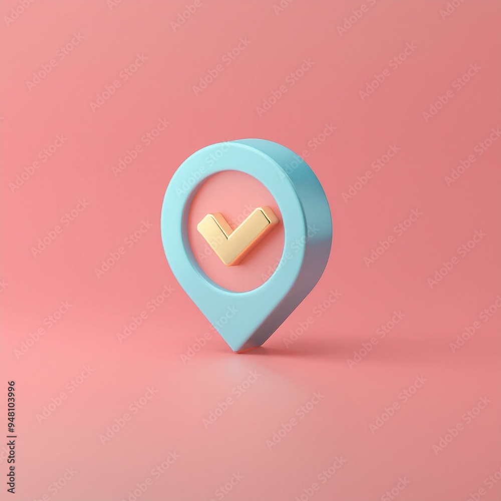 3D icon of a location pin with a check mark symbolizing verification and completion against a soft pink background. 3D icon of a location pin with a check mark symbolizing verification and completion against a soft pink background.