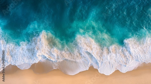 Aerial view of waves rolling onto a sandy beach with intricate patterns on the shore photo