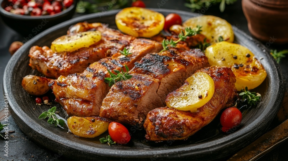 A plate of meat and vegetables with a black plate and a silver fork A plate of meat and vegetables with a black plate and a silver fork