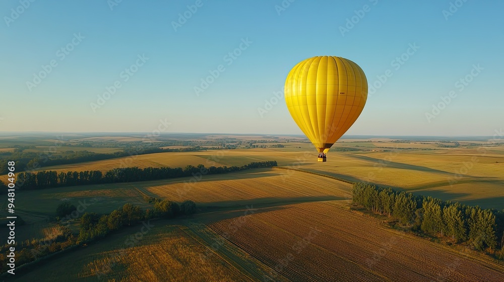 Fototapeta premium Aerial view of a bright yellow hot air balloon floating over a patchwork of fields, with a clear blue sky