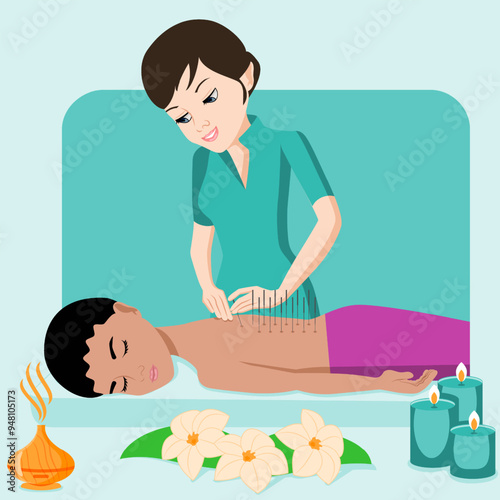 Needle Acupuncture treatment by professional acupuncturist in spa. Isolated flat vector illustration. European and Indian ethnicity.