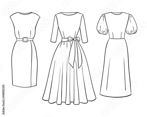 Women's fashion clothing collection. Vector hand-drawn illustrations of beautiful dresses. Fashion dress sketches, isolated on a white background.