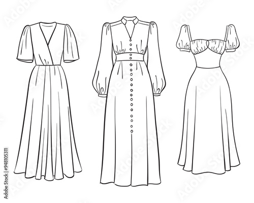 Women's fashion clothing collection. Vector hand-drawn illustrations of beautiful dresses. Fashion dress sketches, isolated on a white background.
