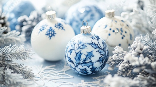 A group of blue and white Christmas ornaments are sitting on a table