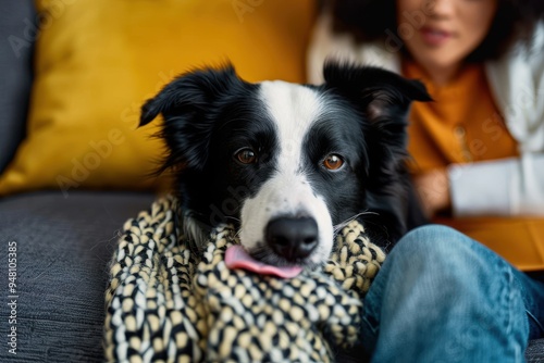 Cropped shot of an unrecognisable couple sitting on the sofa at home with their Border Collie Meet the best boy in the house photo