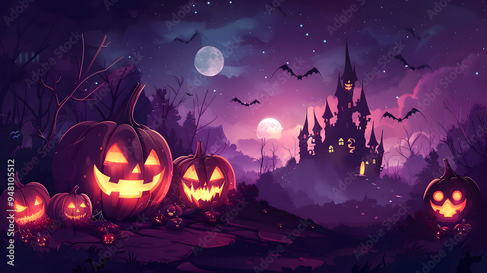 Fototapeta premium Haunted house, pumpkin patch at night by full moon light