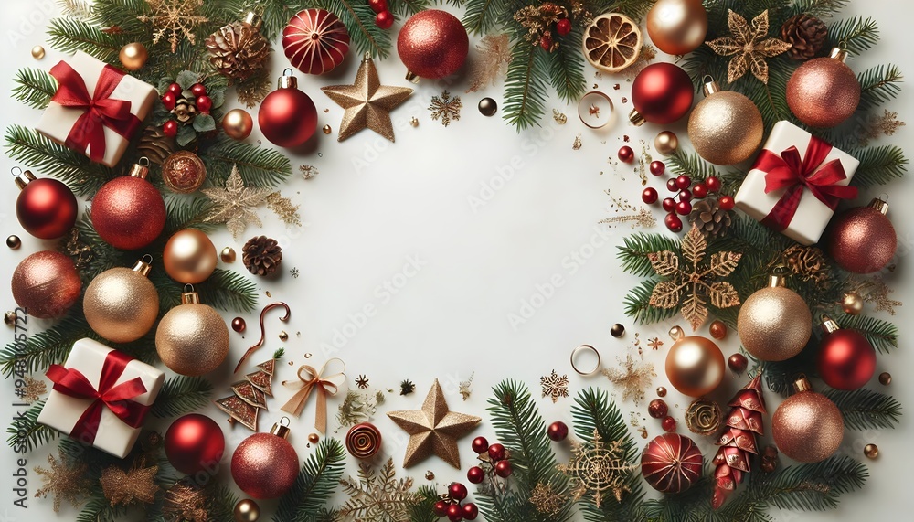 Elegant Christmas Background with Red and Gold Ornaments, Pinecones, and Fir Branches - Perfect for Holiday Greeting Cards, Invitations, and Festive Designs Elegant Christmas Background with Red and Gold Ornaments, Pinecones, and Fir Branches - Perfect for Holiday Greeting Cards, Invitations, and Festive Designs