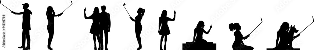 Vektor Set Körper Silhouetten - Personen machen Selfies - Social Media Posts - Views und Likes - Follower und Visual Storytelling 