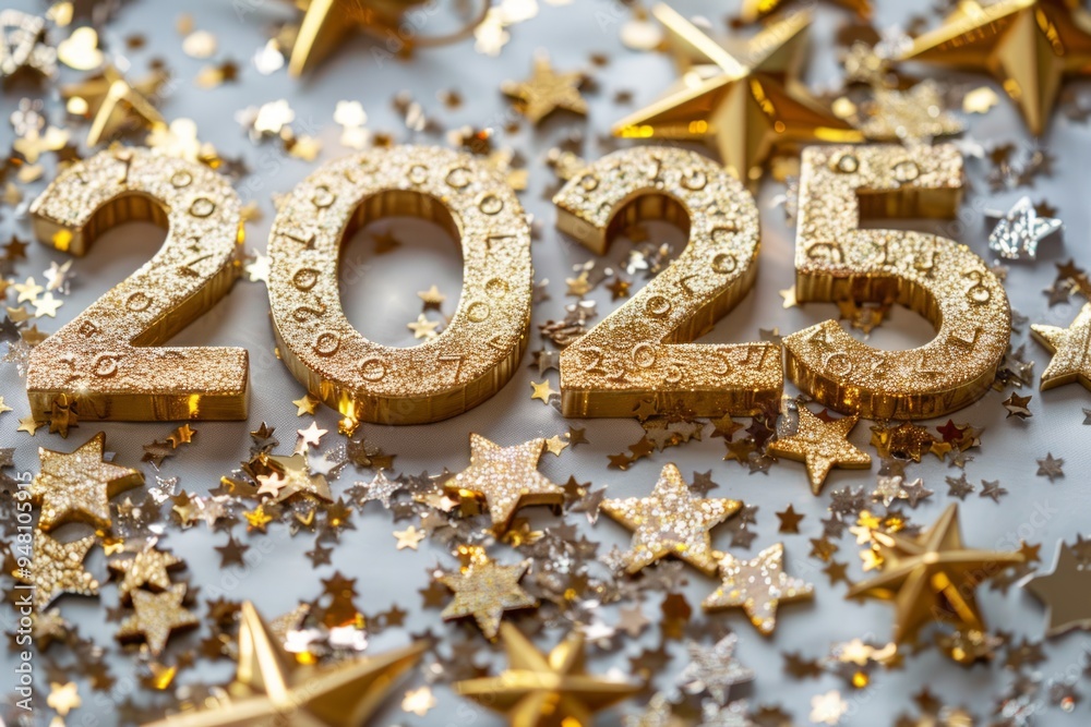 Golden 2025 decorations surrounded by sparkling stars for a festive celebration on New Year's Eve Golden 2025 decorations surrounded by sparkling stars for a festive celebration on New Year's Eve