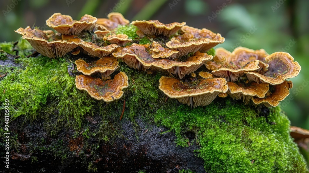 Close-up of earthy brown mushrooms growing on a mossy log in a damp forest Close-up of earthy brown mushrooms growing on a mossy log in a damp forest