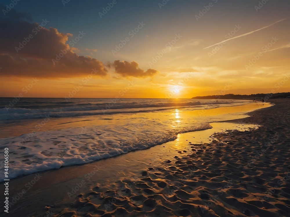 The serene beauty of a golden sunset over a calm beach, with gentle waves, offers a relaxing view The serene beauty of a golden sunset over a calm beach, with gentle waves, offers a relaxing view
