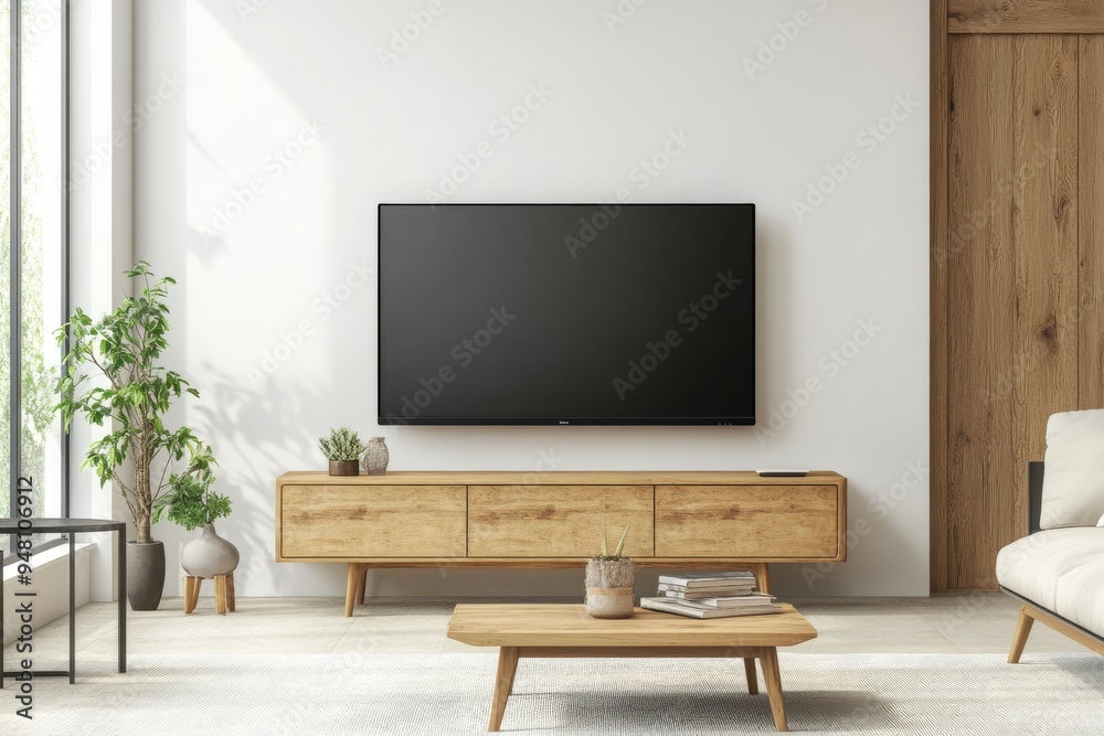 Living room with sofa and TV in minimalist style