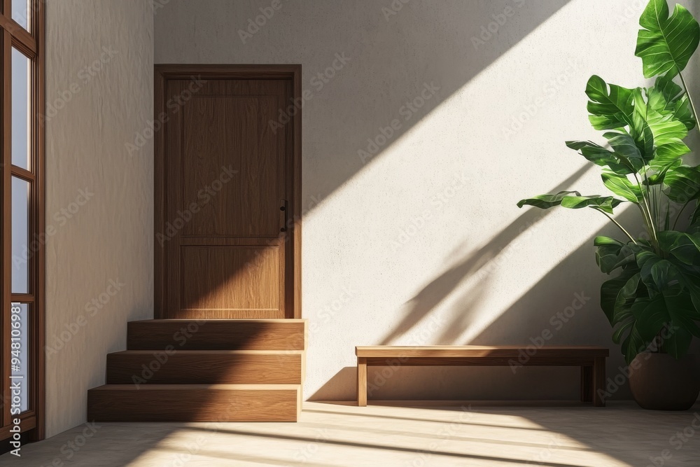 Fototapeta premium A Scandinavian interior design of a modern entrance hall with stairs and wood accents